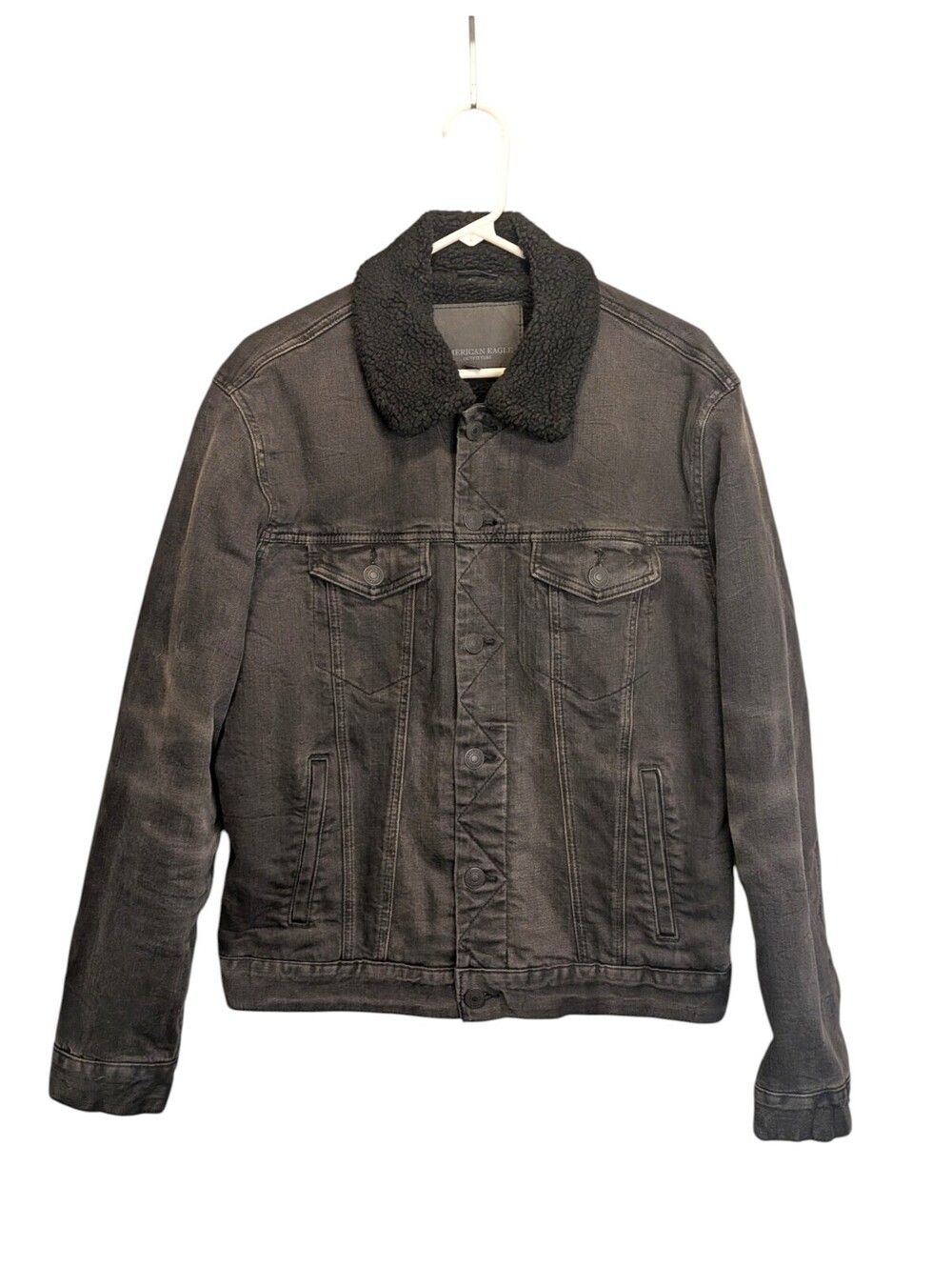American Eagle Mens M Extreme Flex Black Denim Sherpa Lined Trucker Jacket